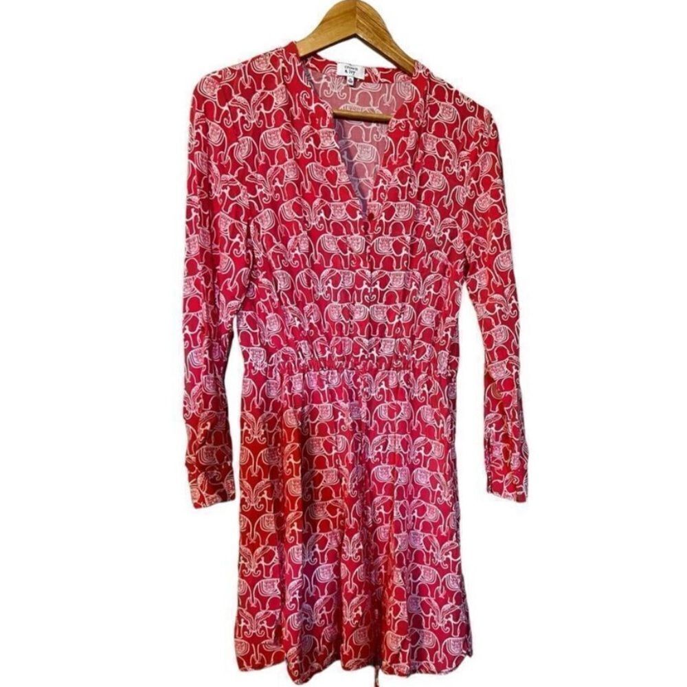 Crown & Ivy Women’s Size 10 Elephant Print Cinch Waist Dress Pink Long Sleeve